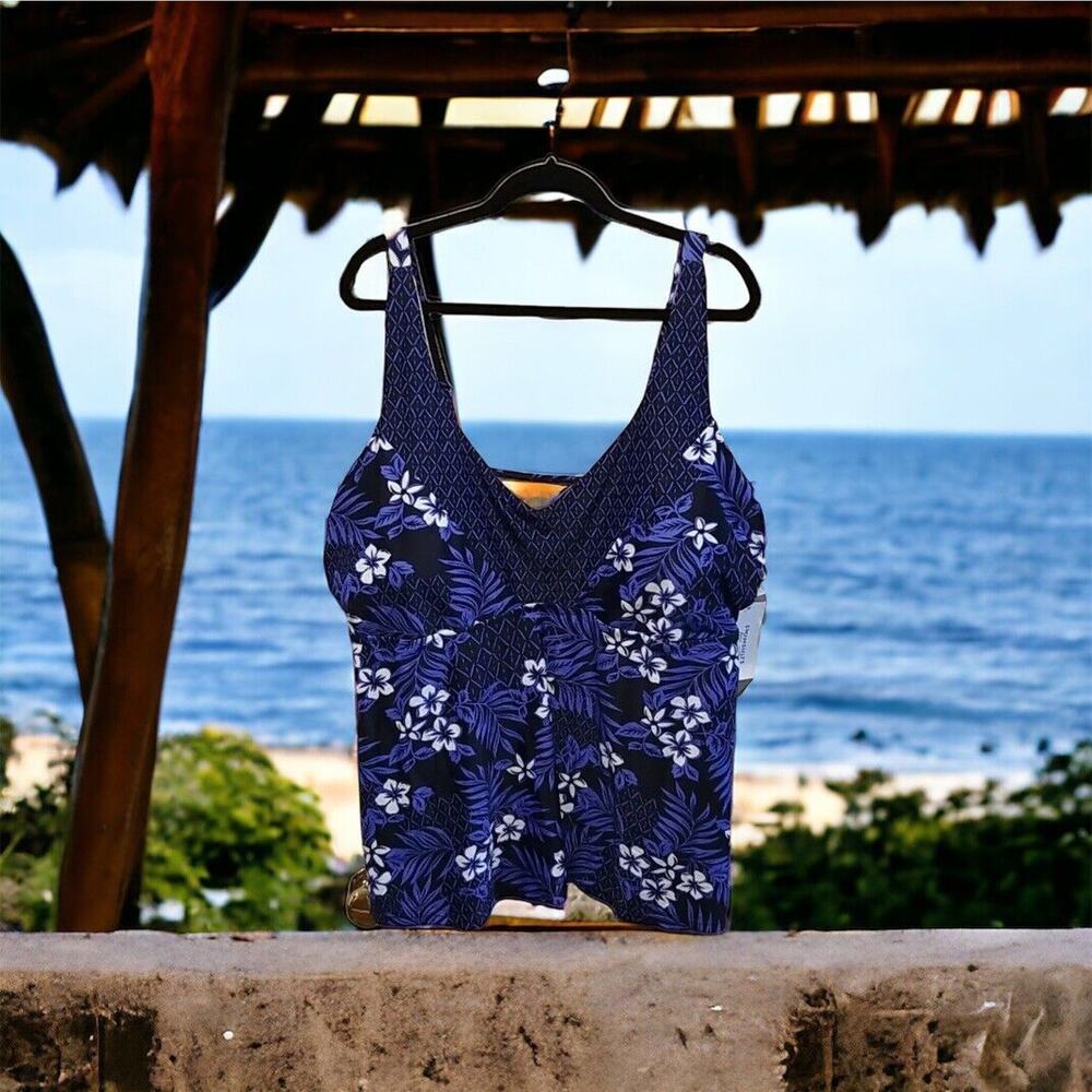Swimsuits For‎ All Blue Floral Tankini Swim Top Size 26 Soft Cup Removable Pads